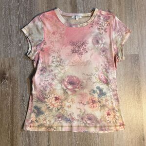 Xcit USA Womens Floral Rhinestone Top Size L Cap Sleeve Shirt Y2K Grunge